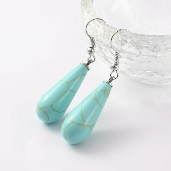 Handcrafted Minimalist Teardrop Turquoise Blue Magnesite Gemstone Earrings - Picture 1 of 1
